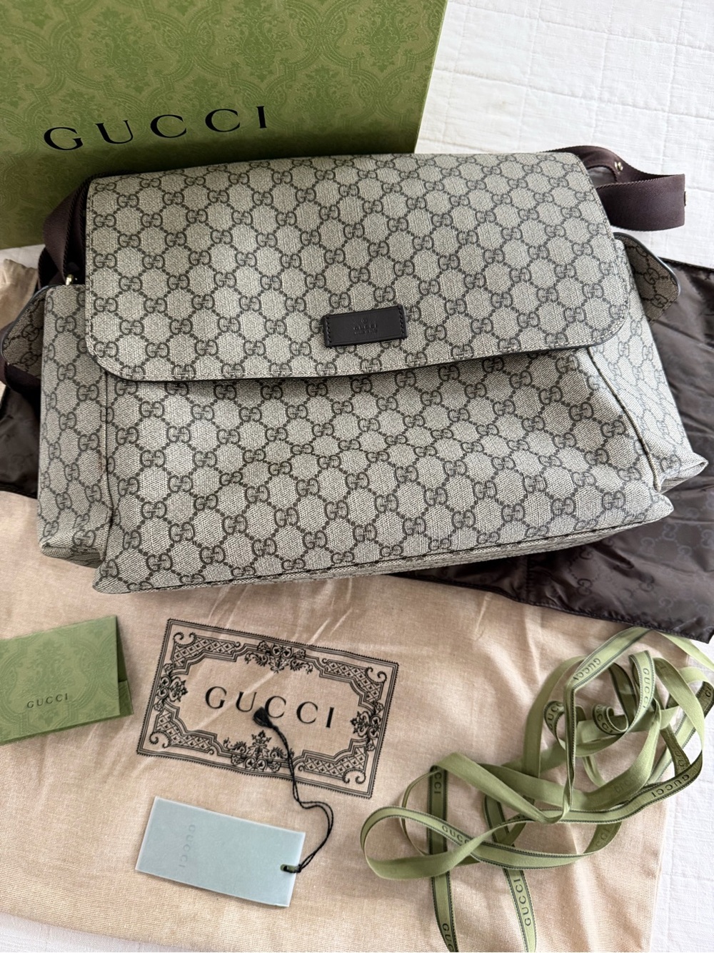 Gucci Gray GG Supreme Messenger Bag with Brown Accents
